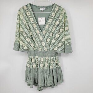 NWT Petal Dew Green Lagenlook‎ Boho Dolman Sleeve V Neck Romper Small